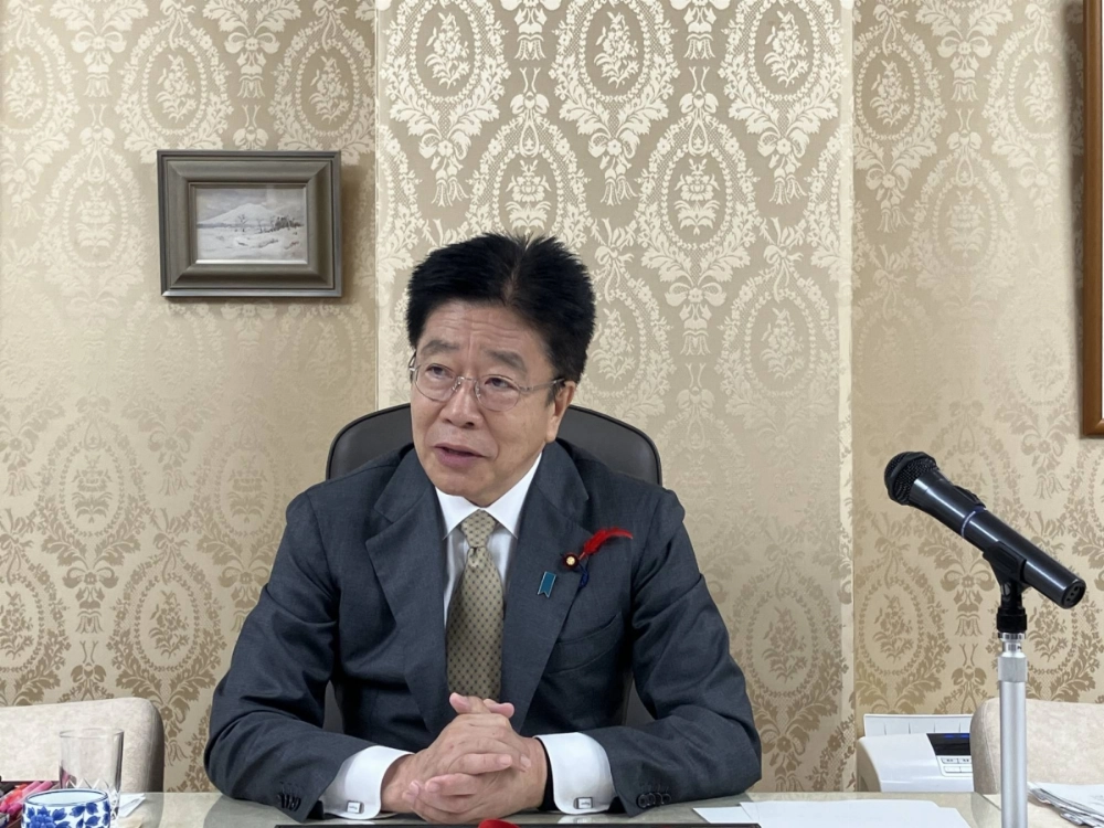 Finance Minister Katsunobu Kato attends an interview with media outlets at the Finance Ministry on Monday. Finance Minister Katsunobu Kato attends an interview with media outlets at the Finance Ministry on Monday.