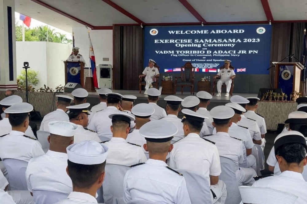 Philippine Navy Flag Officer-in-Command Vice Adm. Toribio Adaci Jr. speaks during the opening ceremony of exercise Sama Sama 2023, the annual bilateral exercise between the Philippine and U.S. Navy, in Manila in October 2023. Philippine Navy Flag Officer-in-Command Vice Adm. Toribio Adaci Jr. speaks during the opening ceremony of exercise Sama Sama 2023, the annual bilateral exercise between the Philippine and U.S. Navy, in Manila in October 2023.