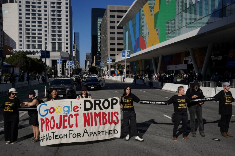 Local activists and tech workers protest against Google and Amazon's Project Nimbus contract with the Israeli military and government, outside the Google Cloud Next Conference in San Francisco, California, on August 29, 2023. Local activists and tech workers protest against Google and Amazon's Project Nimbus contract with the Israeli military and government, outside the Google Cloud Next Conference in San Francisco, California, on August 29, 2023.