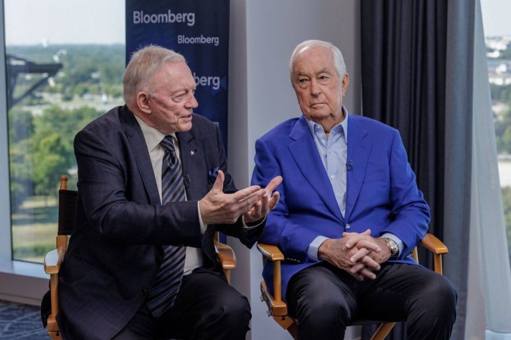 Jerry Jones, owner and president of the Dallas Cowboys (left) and Roger Penske, chairman and chief executive officer of Penske Corp., during an interview in Arlington, Texas, on Tuesday.  Jerry Jones, owner and president of the Dallas Cowboys (left) and Roger Penske, chairman and chief executive officer of Penske Corp., during an interview in Arlington, Texas, on Tuesday.