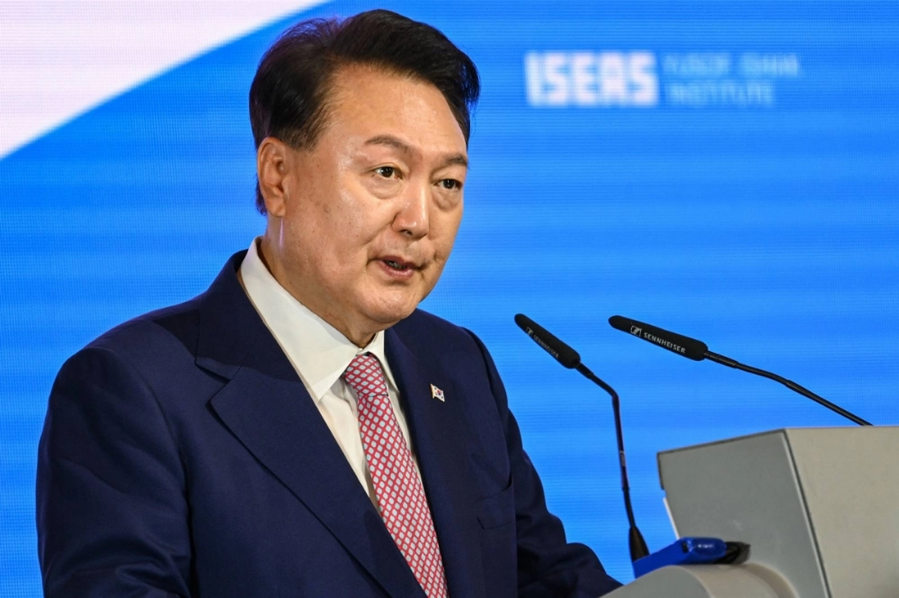 South Korean President Yoon Suk-yeol delivers an address during the 47th ISEAS-Yusof Ishak Institute Singapore Lecture in Singapore on on Wednesday. South Korean President Yoon Suk-yeol delivers an address during the 47th ISEAS-Yusof Ishak Institute Singapore Lecture in Singapore on on Wednesday.