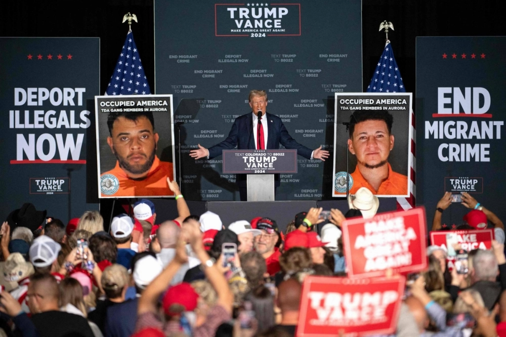 Former U.S. President and Republican presidential candidate Donald Trump speaks during a campaign rally at Gaylord Rockies Resort & Convention Center in Aurora, Colorado, on Friday. Former U.S. President and Republican presidential candidate Donald Trump speaks during a campaign rally at Gaylord Rockies Resort & Convention Center in Aurora, Colorado, on Friday.