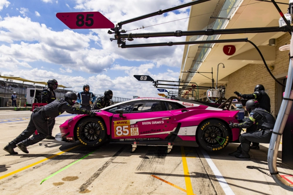 The Iron Dames car shared by Rahel Frey, Sarah Bovy and Michelle Gatting is pushed into the garage during the World Endurance Championship race in Austin, Texas, earlier this year. The Iron Dames car shared by Rahel Frey, Sarah Bovy and Michelle Gatting is pushed into the garage during the World Endurance Championship race in Austin, Texas, earlier this year.