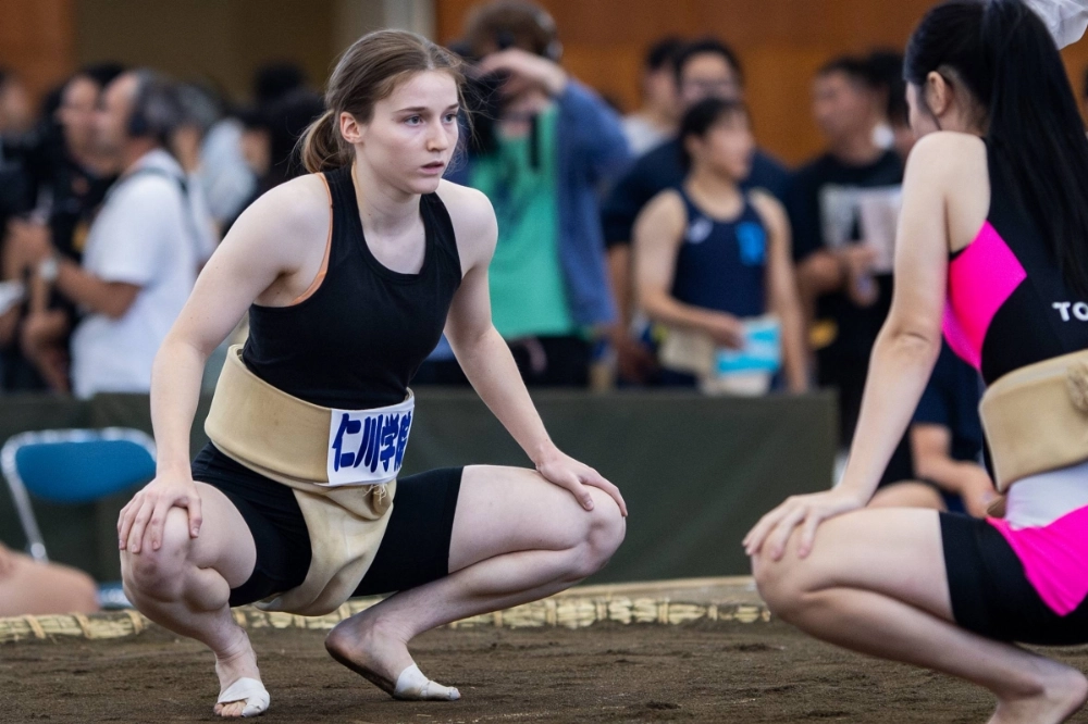 Australian Giselle Shaw, 18, competes at the All-Japan Women's Sumo Championships in Uji, Kyoto Prefecture, on Sunday. Australian Giselle Shaw, 18, competes at the All-Japan Women's Sumo Championships in Uji, Kyoto Prefecture, on Sunday.