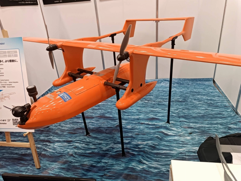 Japanese firm Space Entertainment Laboratory is showcasing a model of its fully autonomous, battery-powered Hamadori 3000 amphibious drone at this week's Japan International Aerospace Exhibition in Tokyo. Japanese firm Space Entertainment Laboratory is showcasing a model of its fully autonomous, battery-powered Hamadori 3000 amphibious drone at this week's Japan International Aerospace Exhibition in Tokyo.