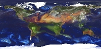 A simulated portrait of global aerosols in an undated image released by NASA in 2012. In the image, dust (red) is lifted from the surface, sea salt (blue) swirls inside cyclones, smoke (green) rises from fires, and sulfate particles (white) stream from volcanoes and fossil fuel emissions.  | NASA / via Reuters
