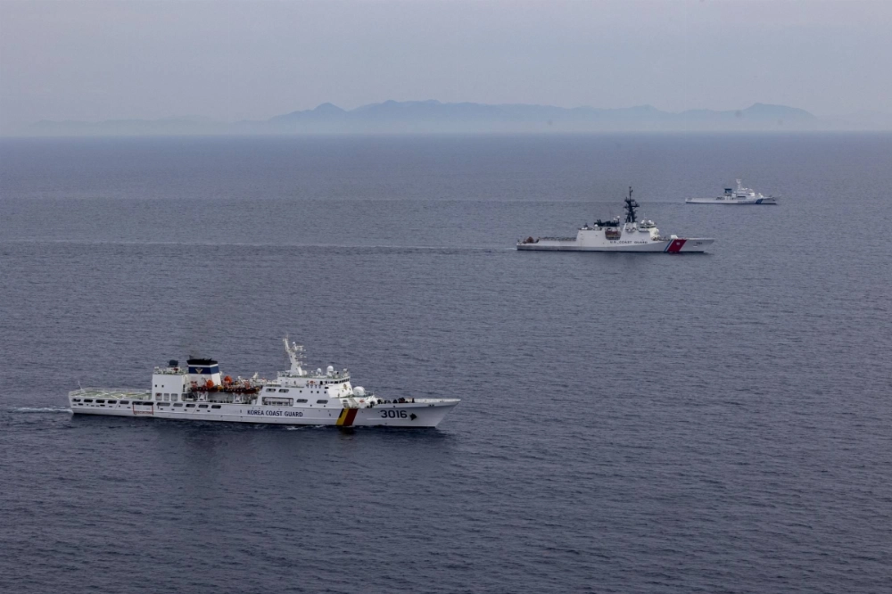 The South Korean Coast Guard vessel Taepyongyang, the U.S. Coast Guard cutter Waesche and the Japan Coast Guard vessel Wakasa patrol in formation during a trilateral exercise in the Sea of Japan in June. The South Korean Coast Guard vessel Taepyongyang, the U.S. Coast Guard cutter Waesche and the Japan Coast Guard vessel Wakasa patrol in formation during a trilateral exercise in the Sea of Japan in June.
