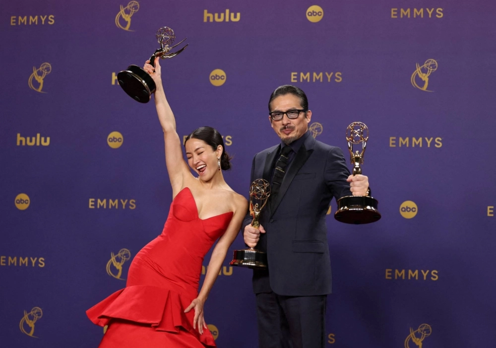 Anna Sawai and Hiroyuki Sanada won the outstanding lead actress and actor awards in a drama series, respectively, for "Shogun" at the 76th Primetime Emmy Awards in Los Angeles on Sept. 15. Anna Sawai and Hiroyuki Sanada won the outstanding lead actress and actor awards in a drama series, respectively, for "Shogun" at the 76th Primetime Emmy Awards in Los Angeles on Sept. 15.