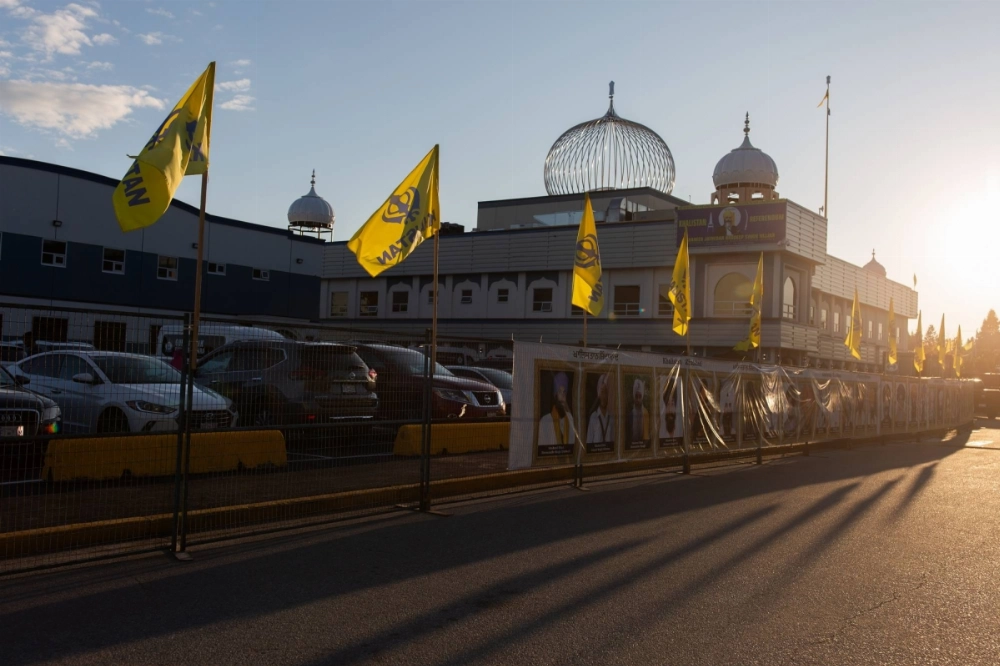 Flags of the Khalistan separatist movement are seen on Sept. 20, 2023 at the Guru Nanak Sikh Gurdwara, where Hardeep Singh Nijjar was shot and killed in the parking lot three months earlier, in Surrey, British Columbia, Canada.  Flags of the Khalistan separatist movement are seen on Sept. 20, 2023 at the Guru Nanak Sikh Gurdwara, where Hardeep Singh Nijjar was shot and killed in the parking lot three months earlier, in Surrey, British Columbia, Canada.
