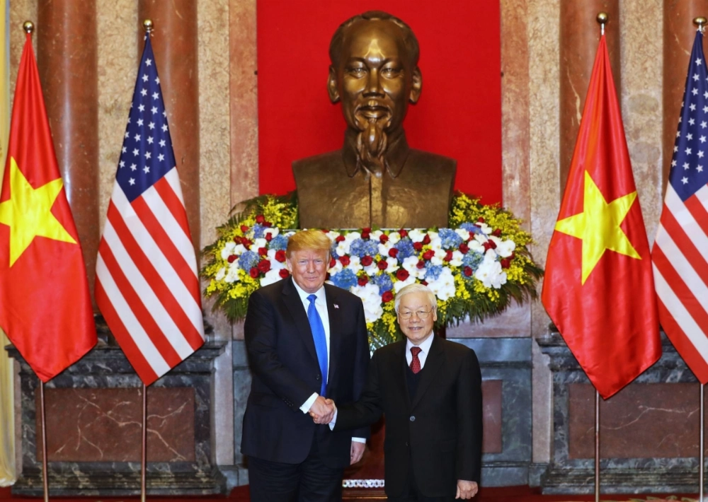 Then-U.S. President Donald Trump with the then-leader of Vietnam's Communist Party, Nguyen Phu Trong, at the Presidential Palace in Hanoi in February 2019 Then-U.S. President Donald Trump with the then-leader of Vietnam's Communist Party, Nguyen Phu Trong, at the Presidential Palace in Hanoi in February 2019