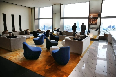 A lobby lounge of a luxury hotel inside Tokyo Garden Terrace Kioicho in Tokyo's Chiyoda Ward A lobby lounge of a luxury hotel inside Tokyo Garden Terrace Kioicho in Tokyo's Chiyoda Ward