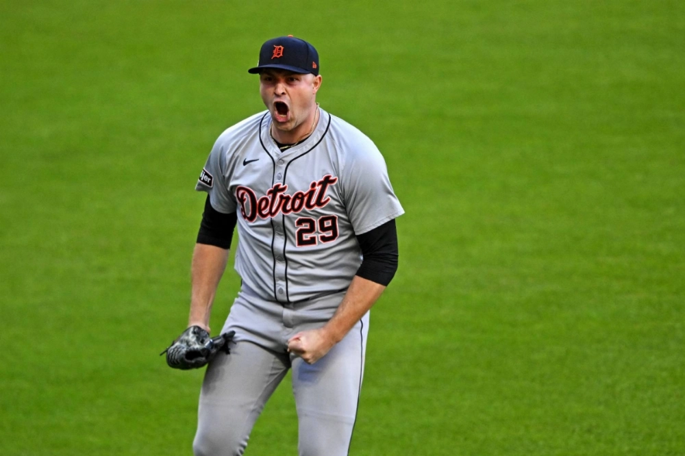 Tigers pitcher Tarik Skubal celebrates after closing out an inning during Detroit's playoff series with Cleveland last month.  Tigers pitcher Tarik Skubal celebrates after closing out an inning during Detroit's playoff series with Cleveland last month.
