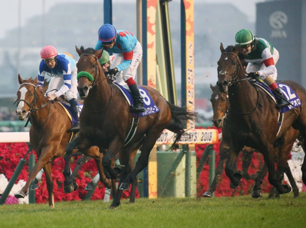 Blast Onepiece (center) wins the 63rd Arima Kinen on Dec. 23, 2018, at Nakayama Racecourse in Chiba Prefecture. Blast Onepiece (center) wins the 63rd Arima Kinen on Dec. 23, 2018, at Nakayama Racecourse in Chiba Prefecture.