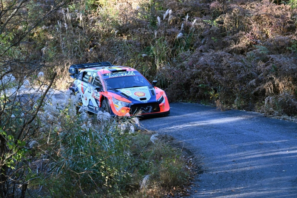 Thierry Neuville and his co-driver, Martijn Wydaeghe, drive their Hyundai during Rally Japan, the final event of the World Rally Championships, in Ena, Gifu Prefecture, on Saturday.  Thierry Neuville and his co-driver, Martijn Wydaeghe, drive their Hyundai during Rally Japan, the final event of the World Rally Championships, in Ena, Gifu Prefecture, on Saturday.