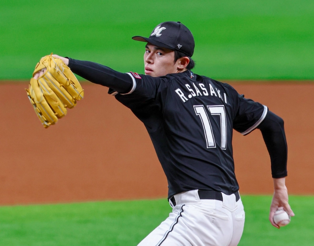 The Marines' Roki Sasaki practices at Es Con Field in Kitahiroshima, Hokkaido, on Oct. 11. The Marines' Roki Sasaki practices at Es Con Field in Kitahiroshima, Hokkaido, on Oct. 11.
