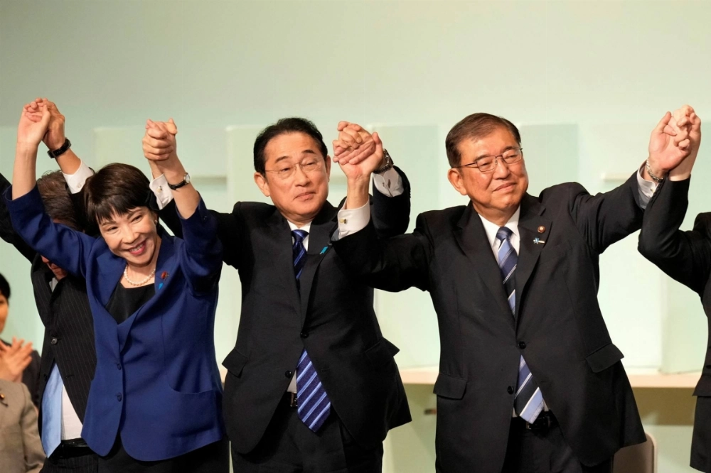 Sanae Takaichi (left) celebrates Shigeru Ishiba’s victory in becoming the head of the Liberal Democratic Party along with then-Prime Minister Fumio Kishida in Tokyo in September. Takaichi appears to be the only woman in any party who is close to breaking the glass ceiling to become the nation’s first female leader.  Sanae Takaichi (left) celebrates Shigeru Ishiba’s victory in becoming the head of the Liberal Democratic Party along with then-Prime Minister Fumio Kishida in Tokyo in September. Takaichi appears to be the only woman in any party who is close to breaking the glass ceiling to become the nation’s first female leader.