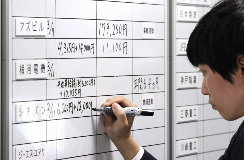 An official from the Japan Council of Metalworkers' Unions writes on a board the results of this year's shuntō annual spring labor negotiations in March in Tokyo. An official from the Japan Council of Metalworkers' Unions writes on a board the results of this year's shuntō annual spring labor negotiations in March in Tokyo.