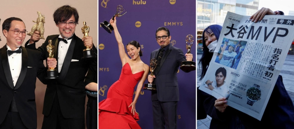 Japanese creatives, athletes and activists saw their efforts recognized on the world stage in various ways this year. At the Oscars (left) Takashi Yamazaki and his team took a prize for “Godzilla Minus One,” while later in the year Anna Sawai and Hiroyuki Sanada (center) took Emmys for their work in “Shogun.” Shohei Ohtani (right) was arguably the biggest Japanese star of the year. Japanese creatives, athletes and activists saw their efforts recognized on the world stage in various ways this year. At the Oscars (left) Takashi Yamazaki and his team took a prize for “Godzilla Minus One,” while later in the year Anna Sawai and Hiroyuki Sanada (center) took Emmys for their work in “Shogun.” Shohei Ohtani (right) was arguably the biggest Japanese star of the year.