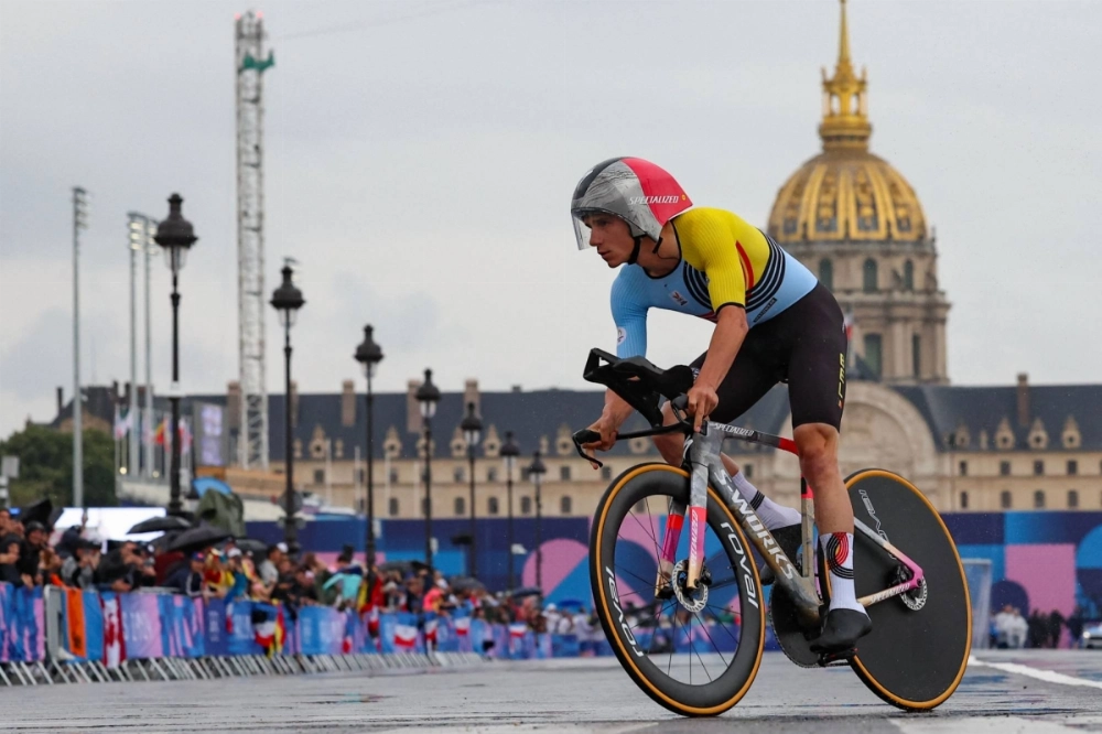 Belgium's Remco Evenepoel competes at the Paris Olympics on July 27.  Belgium's Remco Evenepoel competes at the Paris Olympics on July 27.