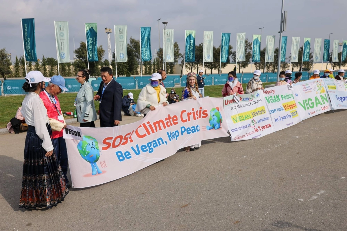 Climate activists hold banners outside the venue of the COP29 climate conference in Baku, Azerbaijan. Climate activists hold banners outside the venue of the COP29 climate conference in Baku, Azerbaijan.