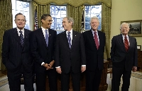 Former U.S. President Jimmy Carter in a group photo with his successors at the White House on Jan. 7, 2009. From left: George H.W. Bush; President-elect Barack Obama; President George W. Bush and Bill Clinton | Doug Mills / The New York Times