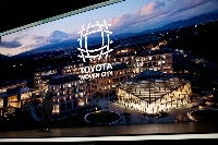 Toyota Chairman Akio Toyoda talks about the firm's Woven City smart town during the 2025 CES event in Las Vegas on Monday. | Bloomberg