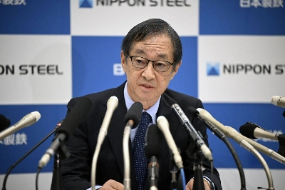 Nippon Steel CEO Eiji Hashimoto speaks to reporters about its lawsuit against the U.S. government on Tuesday. Nippon Steel CEO Eiji Hashimoto speaks to reporters about its lawsuit against the U.S. government on Tuesday.