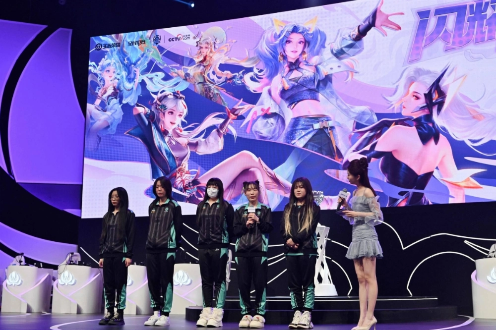 Competitors are interviewed after a women's esports event in Beijing last month.  Competitors are interviewed after a women's esports event in Beijing last month.