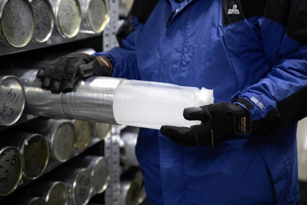 An ice core sample from a glacier in the Byrd Polar and Climate Research Center in Columbus, Ohio, on Jan. 15, 2021 An ice core sample from a glacier in the Byrd Polar and Climate Research Center in Columbus, Ohio, on Jan. 15, 2021