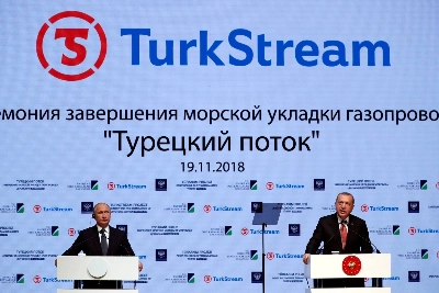 Turkish President Tayyip Erdogan and his Russian counterpart Vladimir Putin attend a ceremony to mark the completion of the undersea part of the TurkStream gas pipeline, in Istanbul on Nov. 19, 2018. Turkish President Tayyip Erdogan and his Russian counterpart Vladimir Putin attend a ceremony to mark the completion of the undersea part of the TurkStream gas pipeline, in Istanbul on Nov. 19, 2018.