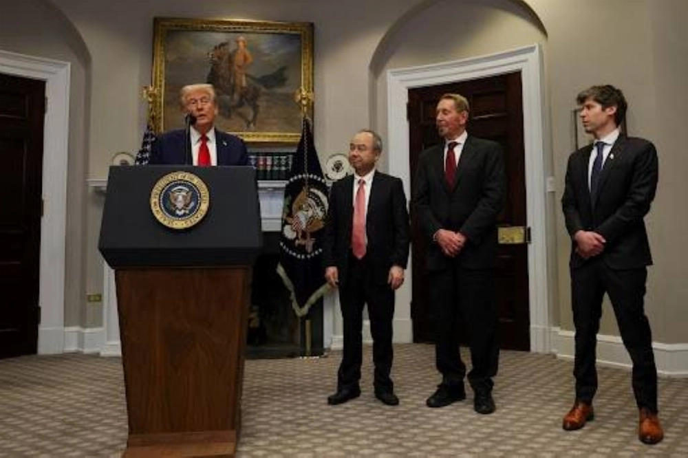 U.S. President Donald Trump delivers remarks on Stargate, as Oracle Executive Chairman Larry Ellison, SoftBank CEO Masayoshi Son and OpenAI CEO Sam Altman look on in the Roosevelt room at the White House. U.S. President Donald Trump delivers remarks on Stargate, as Oracle Executive Chairman Larry Ellison, SoftBank CEO Masayoshi Son and OpenAI CEO Sam Altman look on in the Roosevelt room at the White House.