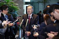 Komeito leader Tetsuo Saito answers questions from reporters after meeting with Prime Minister Shigeru Ishiba at the Prime Minister's Office on Wednesday. | Jiji