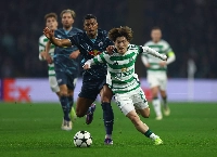 Celtic's Kyogo Furuhashi in action with RB Leipzig's Benjamin Henrichs during a Champions League match in Glasgow, Scotland, on Nov. 5 | Action Images / via Reuters