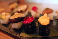 Sushi served at Vegan Sushi Tokyo. Although rave reviews keep pouring in from customers, the small business still doesn’t have a storefront of its own, and rents out the interior of a bar by day. | Sachi Kitajima Mulkey / Grist