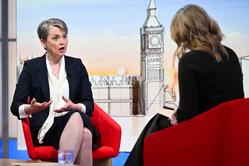 U.K. Home Secretary Yvette Cooper appears on the BBC's "Sunday Morning" political television show with journalist Laura Kuenssberg.  U.K. Home Secretary Yvette Cooper appears on the BBC's "Sunday Morning" political television show with journalist Laura Kuenssberg.