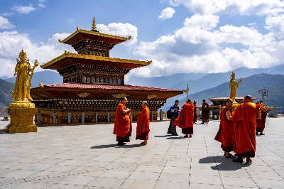 Monks at the temple of the golden Buddha Dordenma in Thimphu, Bhutan, in 2023 Monks at the temple of the golden Buddha Dordenma in Thimphu, Bhutan, in 2023