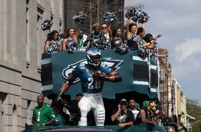 The Philadelphia Eagles float with figurine of running back Saquon Barkley during the Super Bowl LIX  Host Committee Parade. The Philadelphia Eagles float with figurine of running back Saquon Barkley during the Super Bowl LIX  Host Committee Parade.