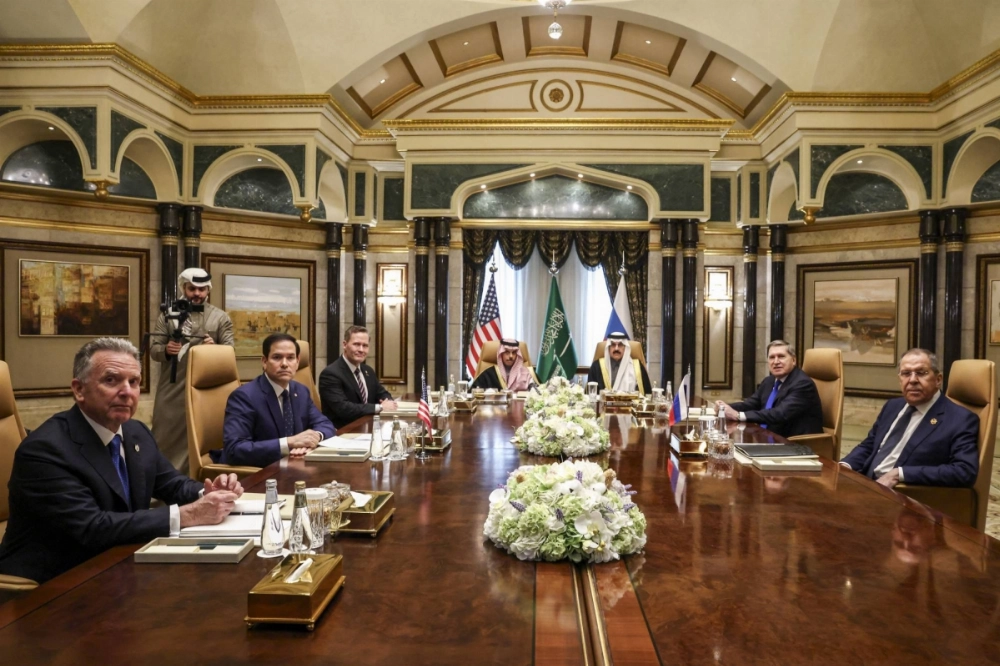 U.S. Secretary of State Marco Rubio (second from left), Russian Foreign Minister Sergei Lavrov (right) and envoys meet in Riyadh on Feb. 18. U.S. Secretary of State Marco Rubio (second from left), Russian Foreign Minister Sergei Lavrov (right) and envoys meet in Riyadh on Feb. 18.