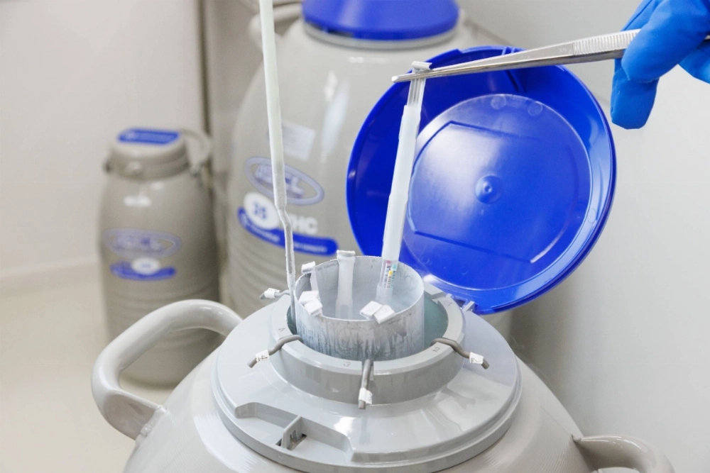 A stick-sized container containing an egg and a tank used to freeze eggs A stick-sized container containing an egg and a tank used to freeze eggs