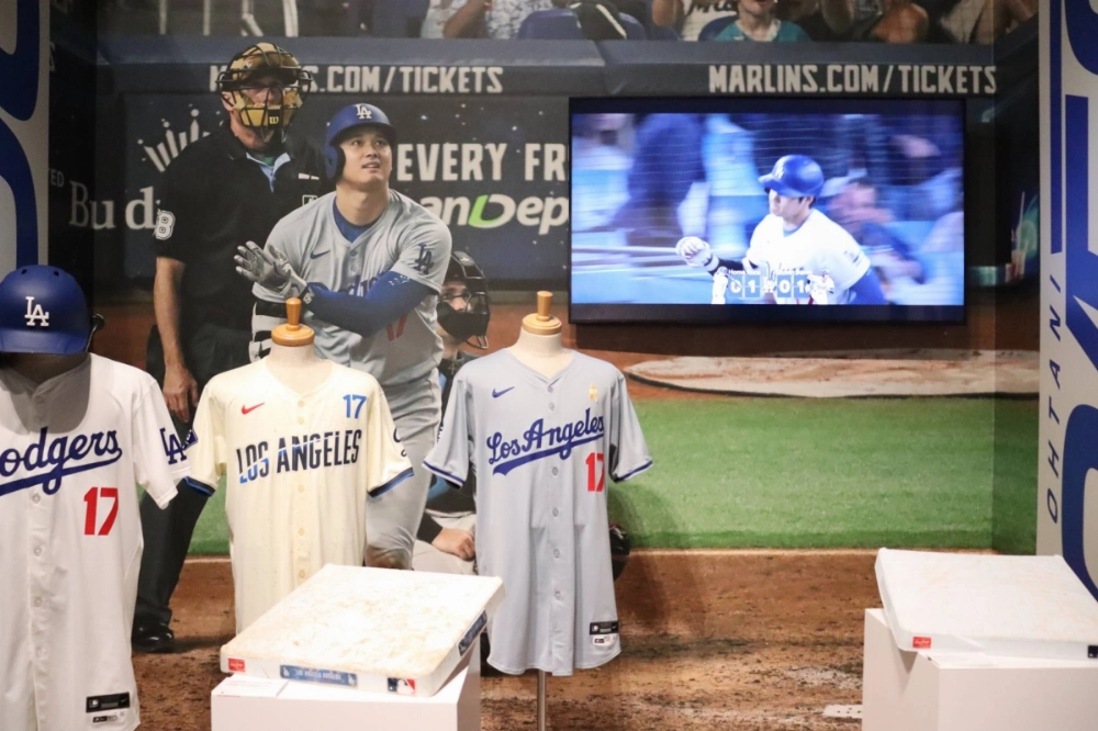 Items from Shohei Ohtani's 50-50 season are seen in an exhibition at Tokyo Node on Wednesday. Items from Shohei Ohtani's 50-50 season are seen in an exhibition at Tokyo Node on Wednesday.