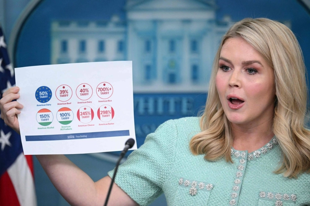 White House Press Secretary Karoline Leavitt holds up a piece of paper with information about tariff rates at the White House on Tuesday. White House Press Secretary Karoline Leavitt holds up a piece of paper with information about tariff rates at the White House on Tuesday.