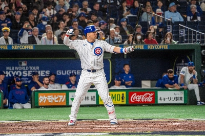 Cubs slugger Seiya Suzuki at the dish during an exhibition game against the Tigers on Saturday in Tokyo.  Cubs slugger Seiya Suzuki at the dish during an exhibition game against the Tigers on Saturday in Tokyo.