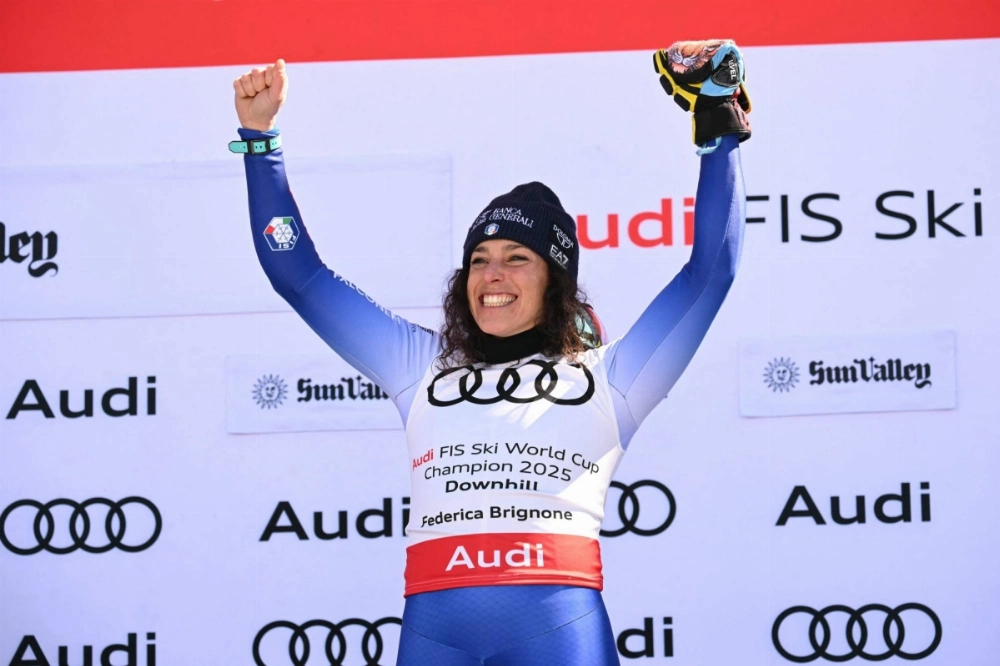 Italy's Federica Brignone celebrates her overall and downhill World Cup titles after the final event of the season in Sun Valley, Idaho, was canceled on Saturday.  Italy's Federica Brignone celebrates her overall and downhill World Cup titles after the final event of the season in Sun Valley, Idaho, was canceled on Saturday.