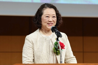 Rengo President Tomoko Yoshino speaks at a Democratic Party for the People convention in Sumida Ward, Tokyo, on Feb. 11. Rengo President Tomoko Yoshino speaks at a Democratic Party for the People convention in Sumida Ward, Tokyo, on Feb. 11.