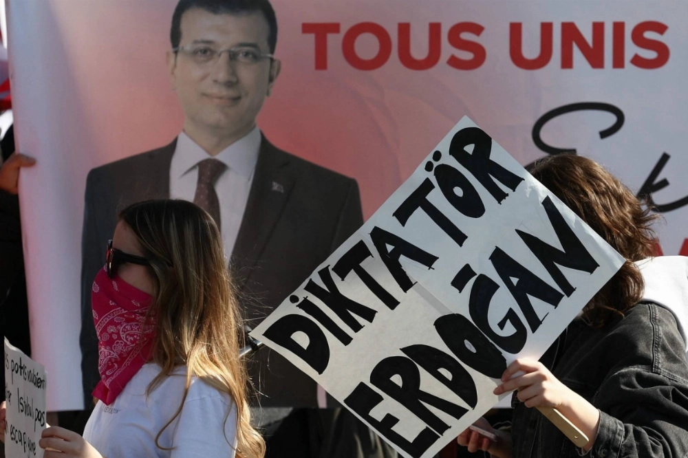Demonstrators gather in front of the Council of Europe in Strasbourg, France, on Thursday, during a rally in support of Istanbul's arrested mayor, Ekrem Imamoglu, the main political rival of President Recep Tayyip Erdogan. Demonstrators gather in front of the Council of Europe in Strasbourg, France, on Thursday, during a rally in support of Istanbul's arrested mayor, Ekrem Imamoglu, the main political rival of President Recep Tayyip Erdogan.