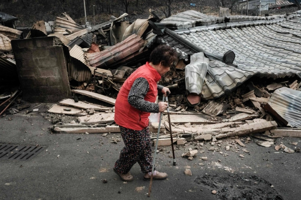 An 81-year-old apple farmer who lost her crop walks past the remains of her neighbors' homes after a wildfire swept through the area, in Andong, South Korea, on Thursday.  An 81-year-old apple farmer who lost her crop walks past the remains of her neighbors' homes after a wildfire swept through the area, in Andong, South Korea, on Thursday.