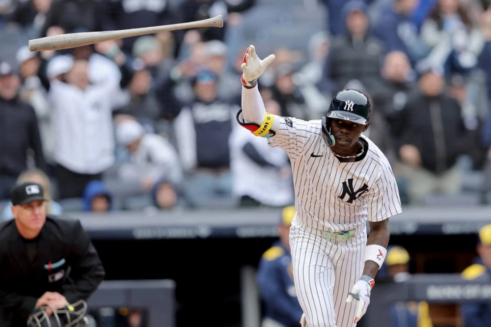 The Yankees' Jazz Chisholm Jr. flips his bat after hitting a home run against the Brewers at Yankee Stadium on Sunday. The Yankees' Jazz Chisholm Jr. flips his bat after hitting a home run against the Brewers at Yankee Stadium on Sunday.