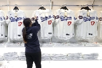 Shohei Ohtani jerseys displayed for sale at an MLB pop-up store in Tokyo on March 6. | Bloomberg