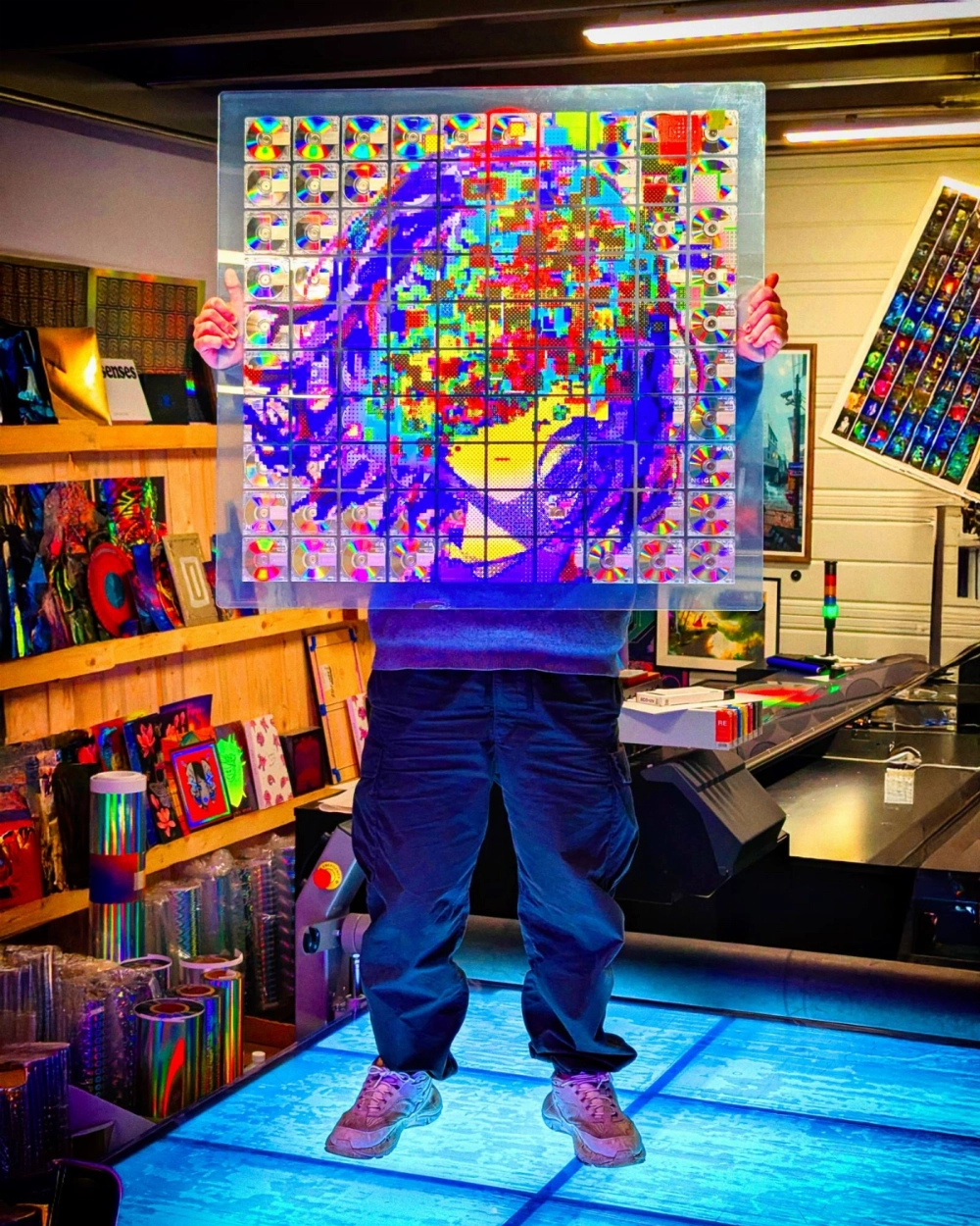 Digital artist Polygon1993 revels in the physicality of nostalgic technology, making art out of materials such as miniature CDs, holographic prints layered with plexiglass shards and a giant custom-made floppy disk. Digital artist Polygon1993 revels in the physicality of nostalgic technology, making art out of materials such as miniature CDs, holographic prints layered with plexiglass shards and a giant custom-made floppy disk.