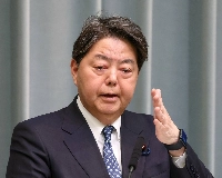 Chief Cabinet Secretary Yoshimasa Hayashi speaks during a news conference on Tuesday at the Prime Minister's Office. Hayashi has cited Pyongyang's nuclear weapons and missile development programs as well as its abduction of Japanese nationals as reasons for Japan's extension of sanctions on North Korea. | Jiji